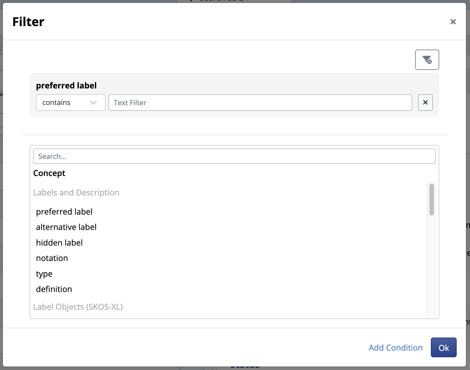 TopBraid EDG Searching for Assets Filter Dialog