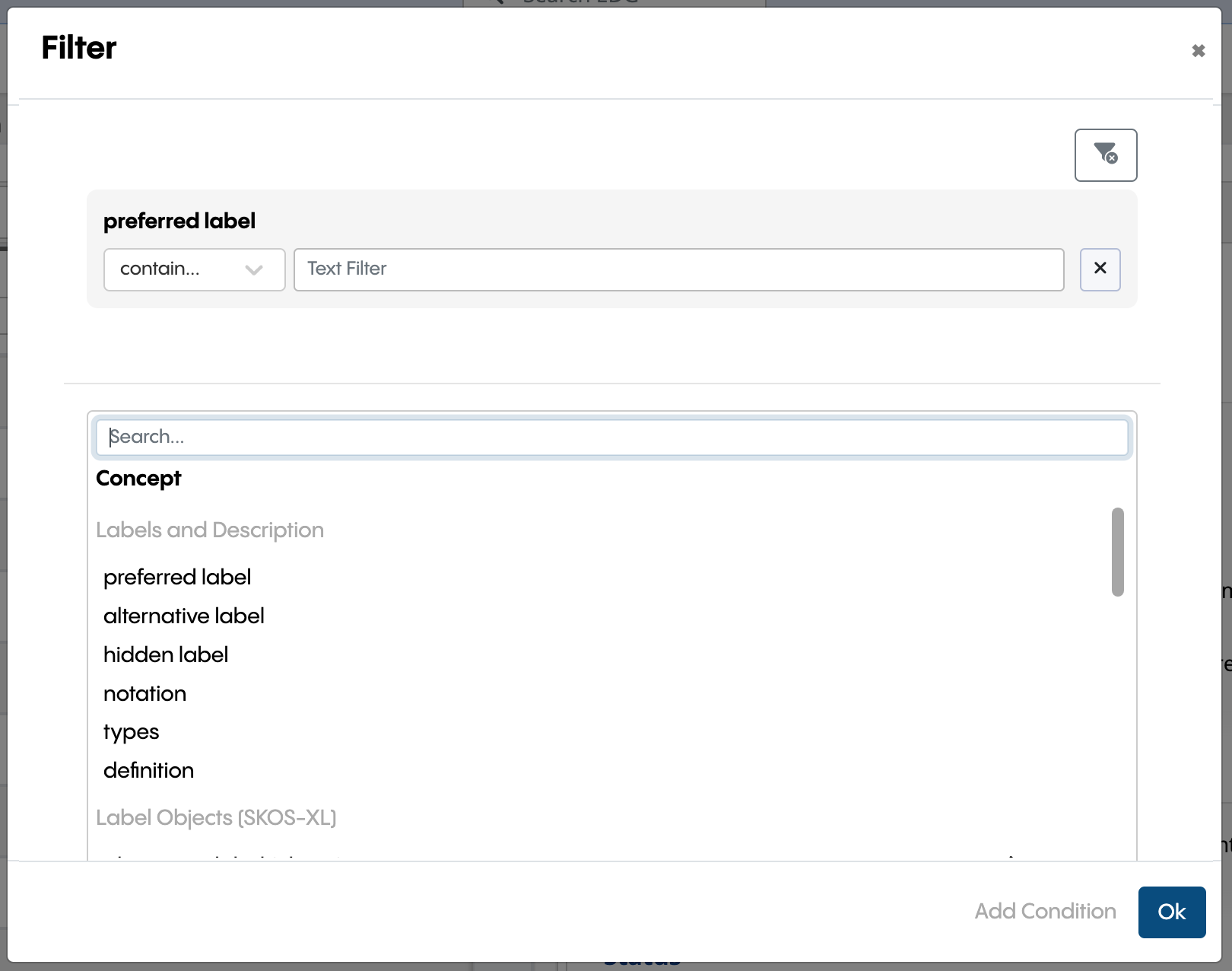 Searching for Assets Filter Dialog