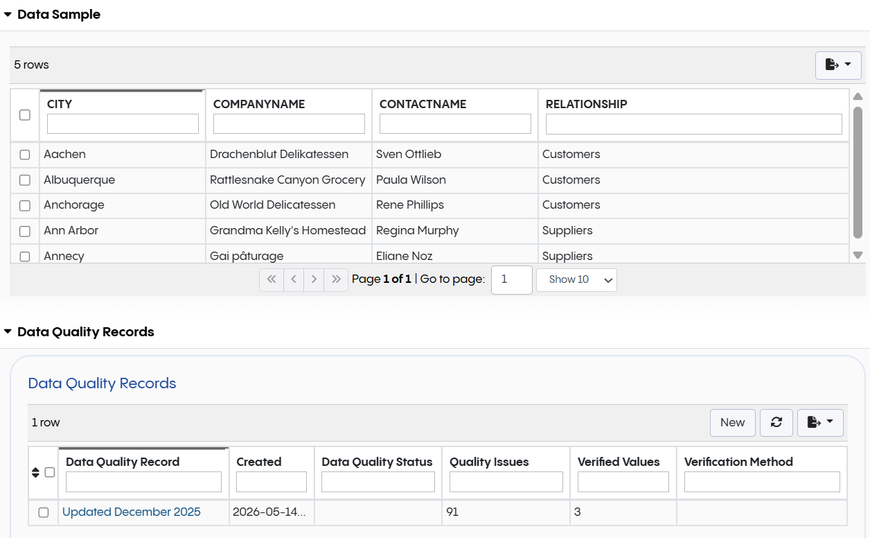 Data Sample & Data Quality Records Tables