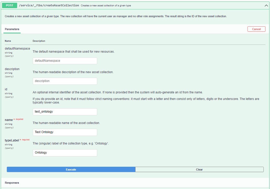 Swagger Create Asset Collection TBS Web Service