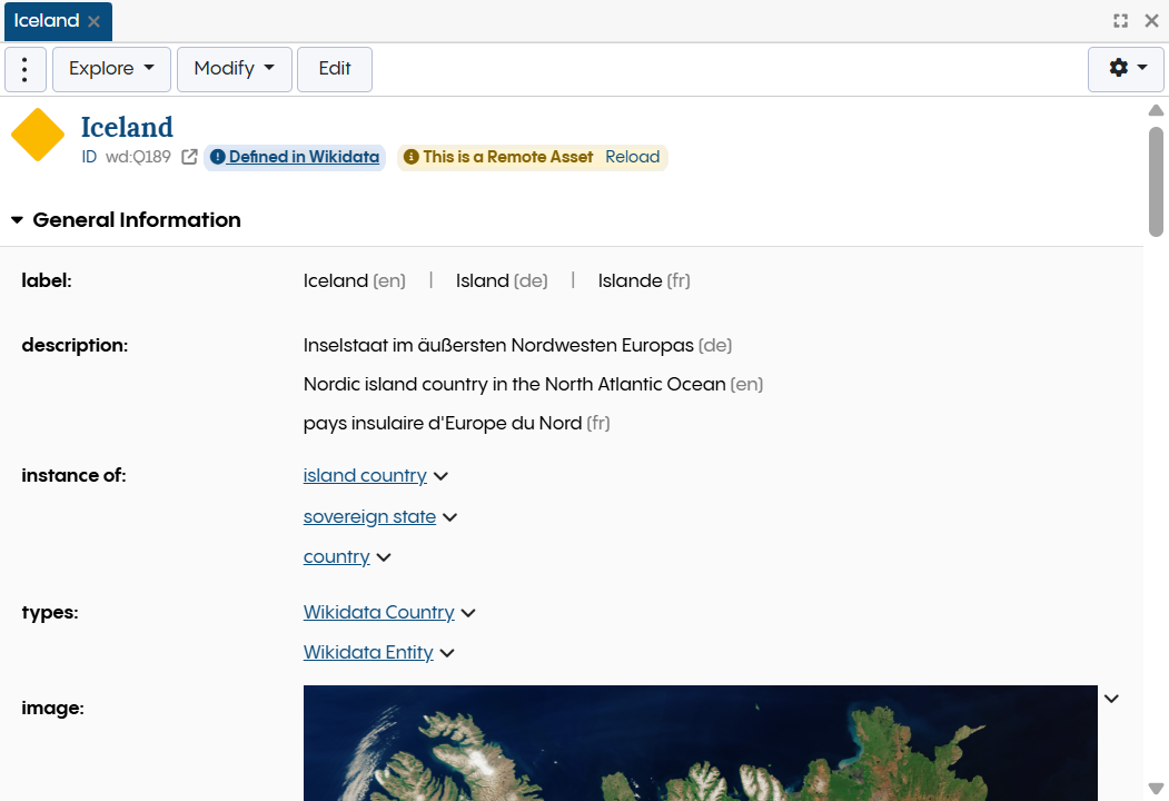 Screenshot showing the details of the Wikidata country Iceland