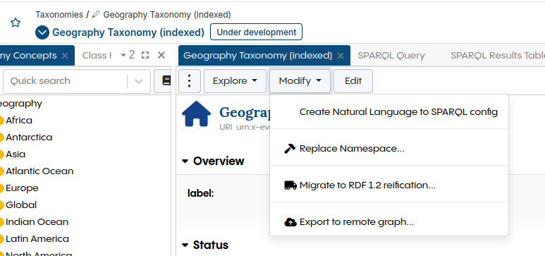 Create Natural Language to SPARQL config action in the Modify menu