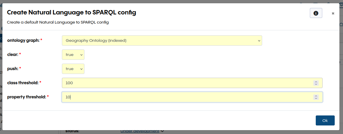 Options for the Create Natural Language to SPARQL config action
