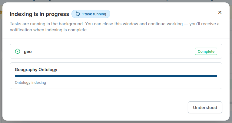 Progress of the indexing tasks started by the wizard