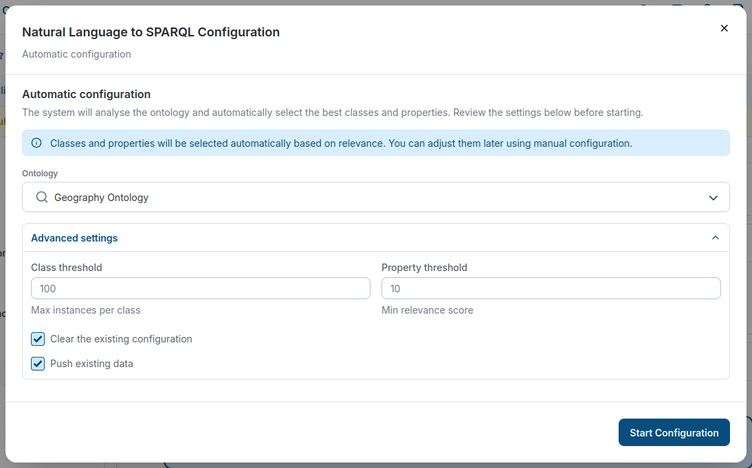 Automatic configuration with the advanced settings expanded