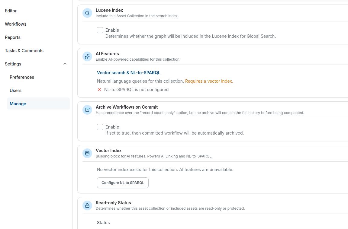 Configure NL to SPARQL button in the Manage settings of an asset collection