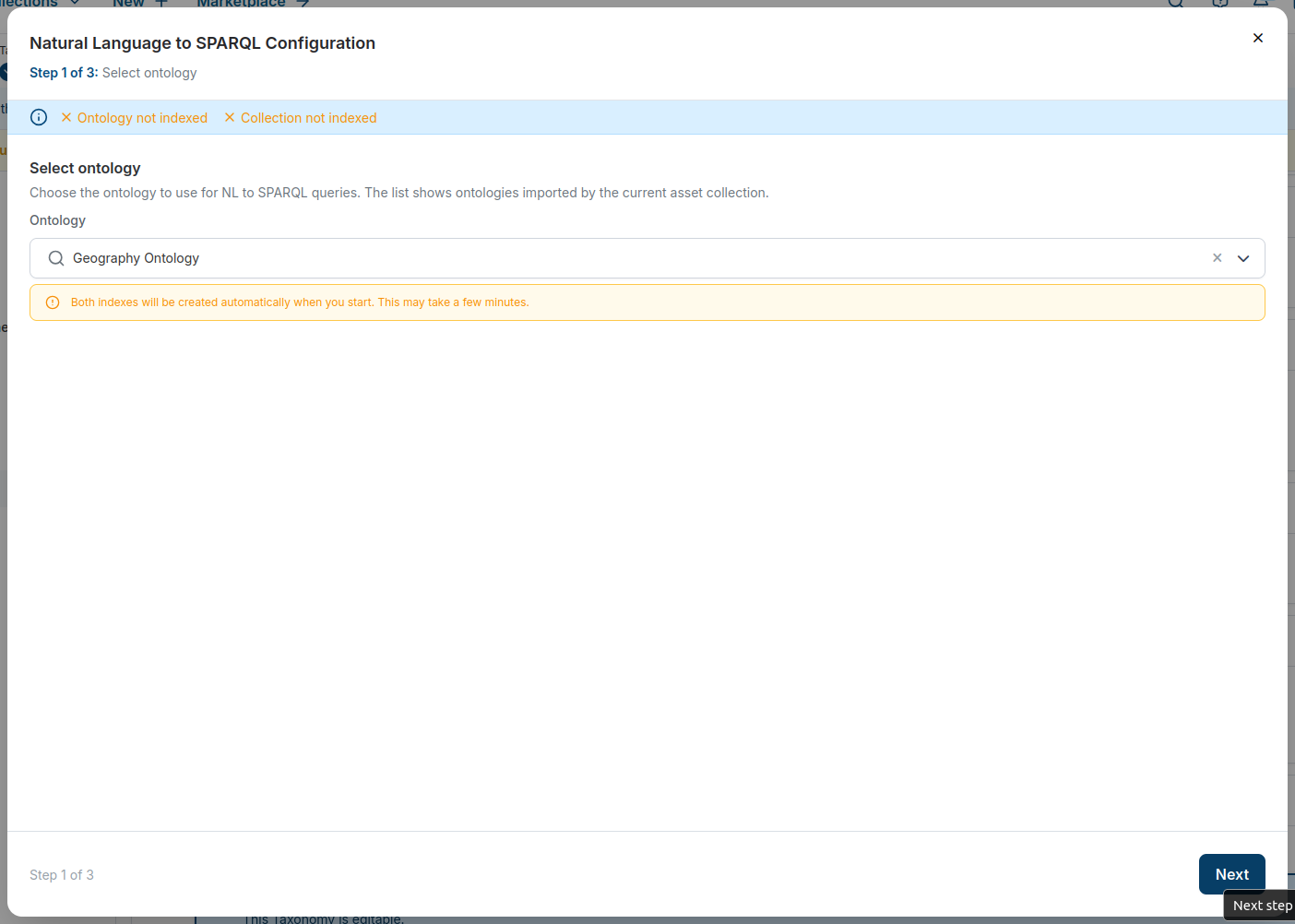 Step 1 of the manual configuration, selecting the ontology