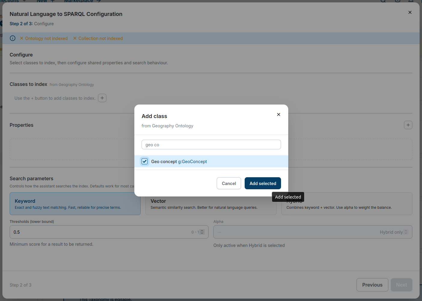 Adding a class to the index in step 2 of the manual configuration