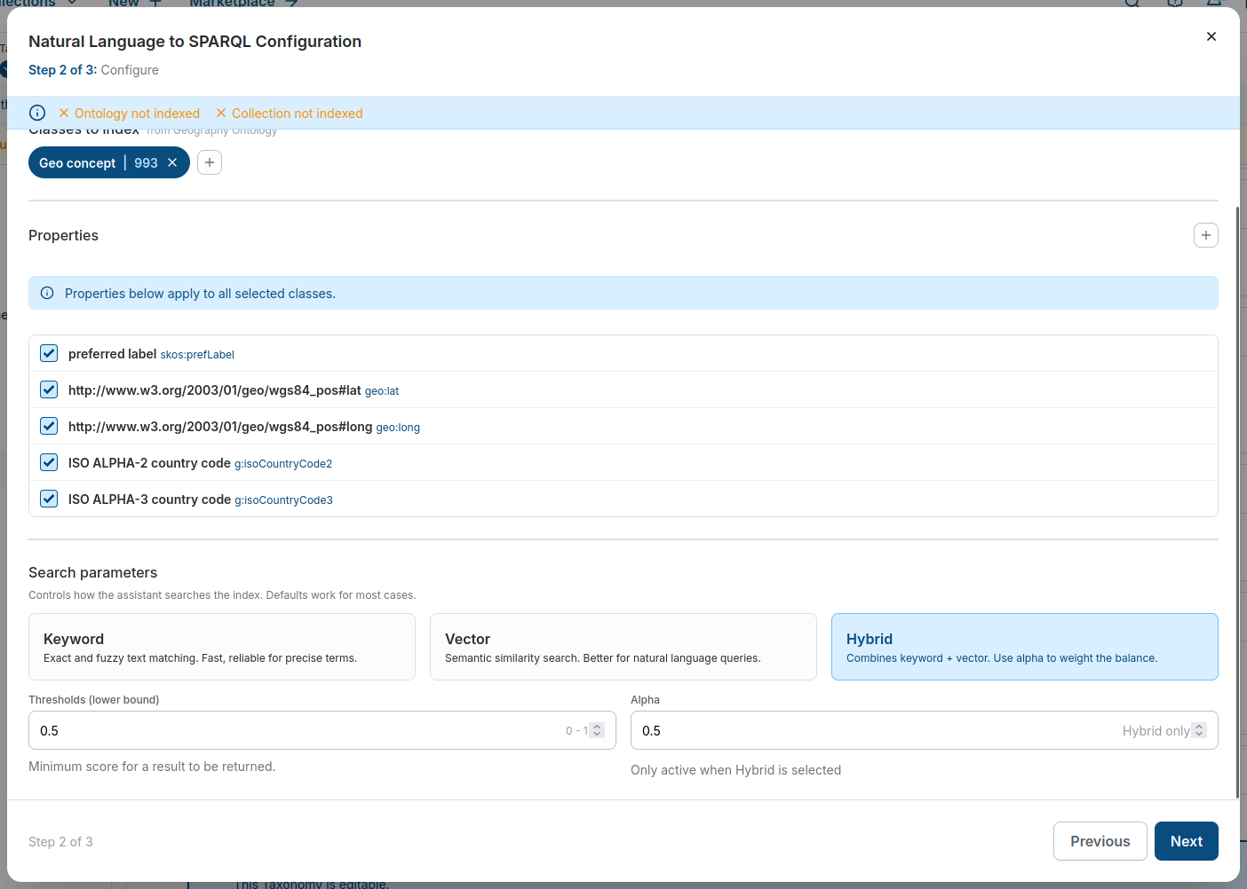 Step 2 of the manual configuration, with classes, properties and search parameters