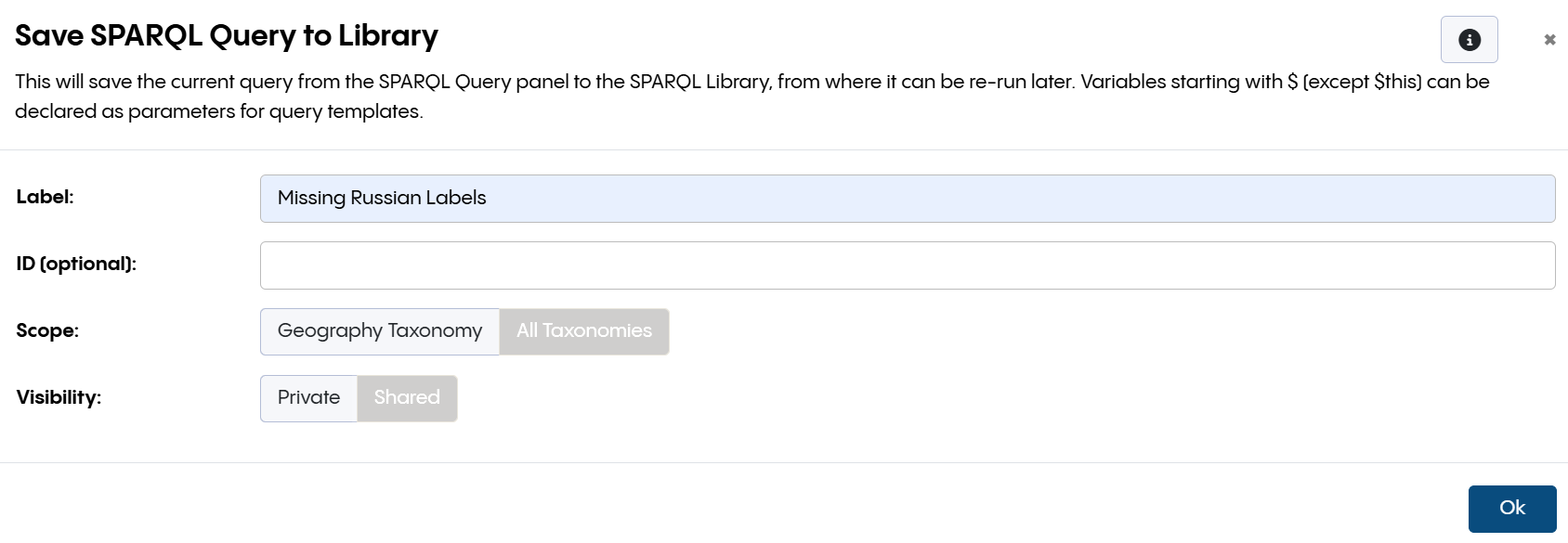 Save SPARQL Query to Library Dialog