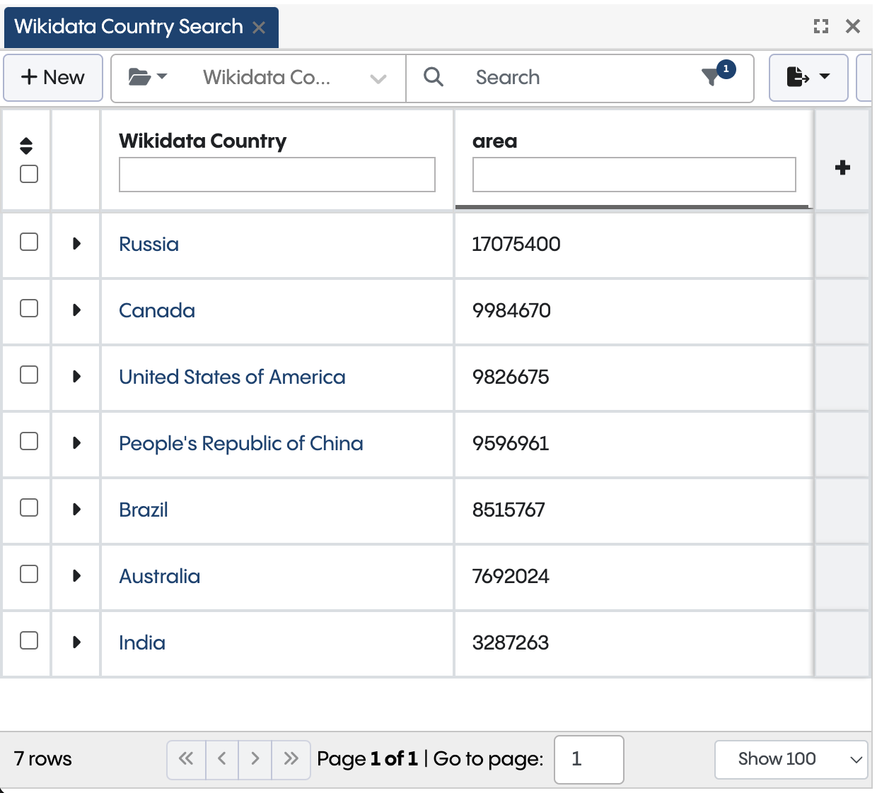 Screenshot showing a search across countries with a given minimum size