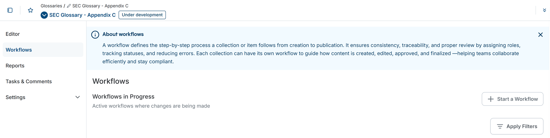 Starting a New Workflow About Glossary